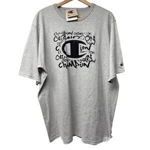 NWT Champion Gray Heritage Tee Mens Size 2XL Foil Graffiti Logo Graphic T-Shirt